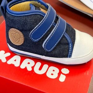 Denim and White Baby Walker Shoes with dust bag